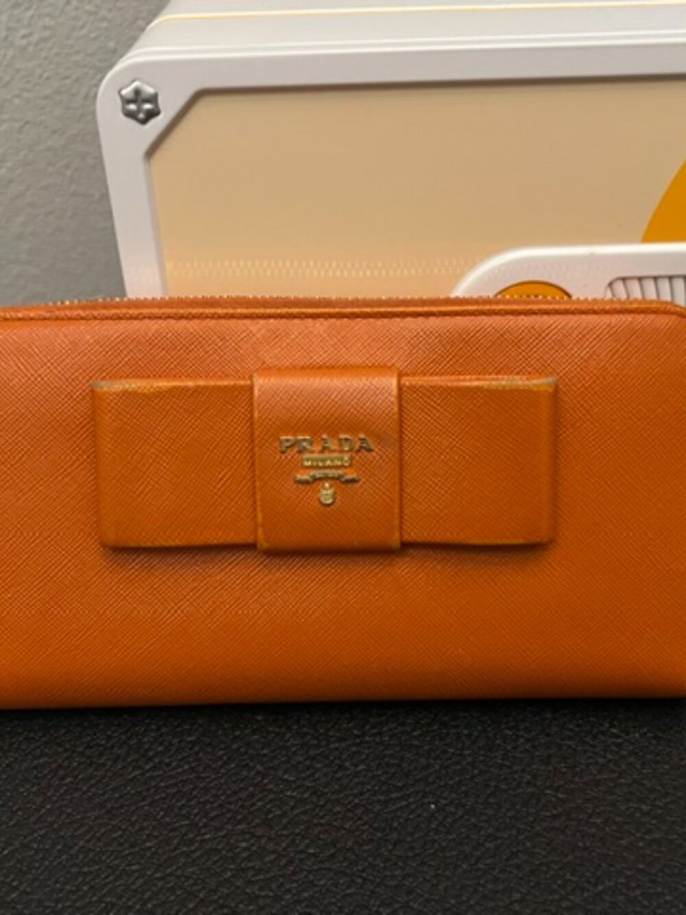 Prada Saffiano Leather Bow Zip Around Wallet | Orange | Long Wallet